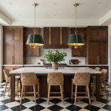 Avery 4 Light Large Pendant 20" Forest Green and Aged Brass geometric pendant in a Transitional Kitchen with a white marble island.