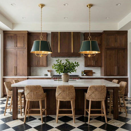 Avery 4 Light Large Pendant 20" Forest Green and Aged Brass geometric pendant in a Transitional Kitchen with a white marble island.