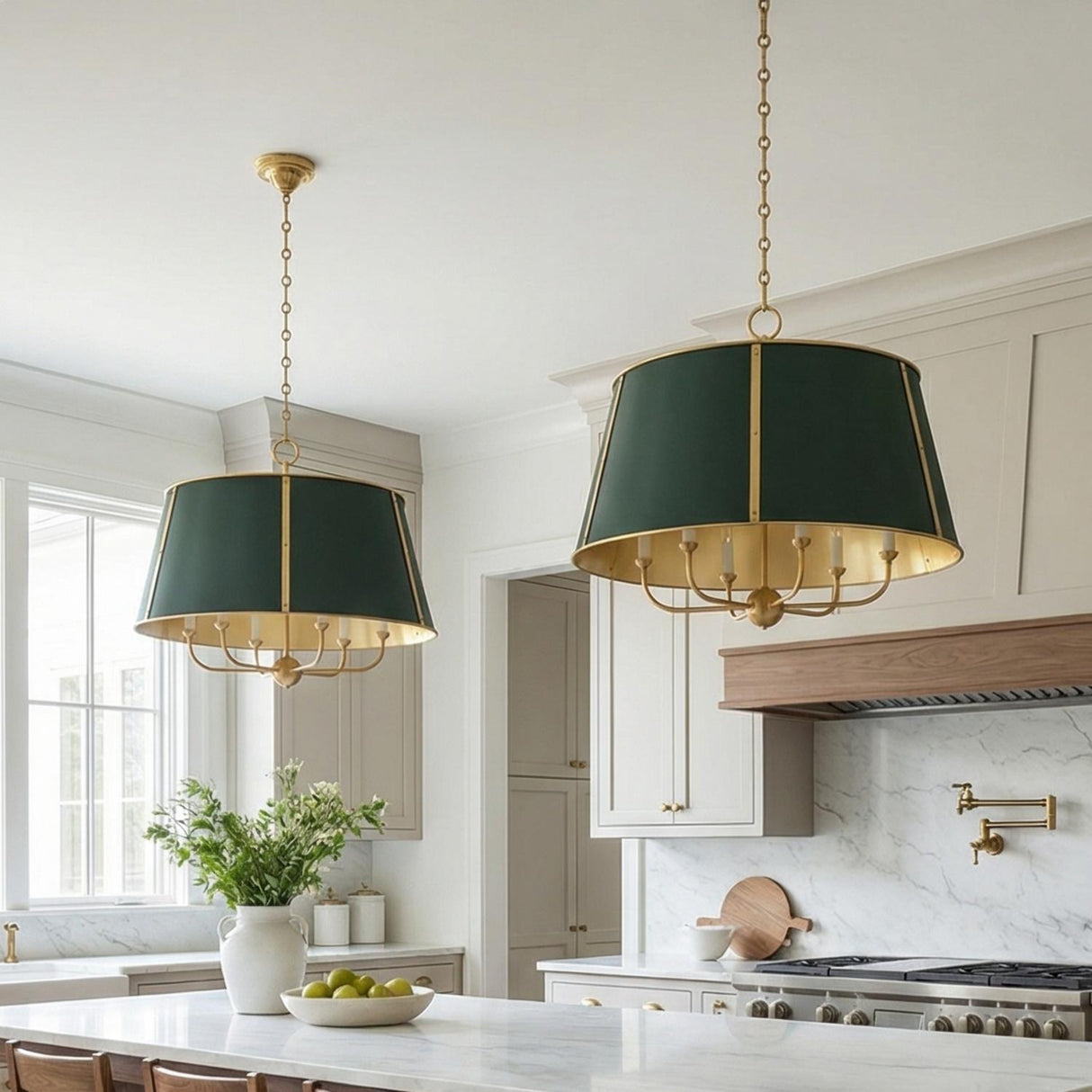 Avery 6 Light Extra Large Pendant 28", Forest Green and Aged Brass geometric pendant in a Transitional Kitchen with a white marble island.