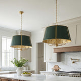 Avery 6 Light Extra Large Pendant 28", Forest Green and Aged Brass geometric pendant in a Transitional Kitchen with a white marble island.