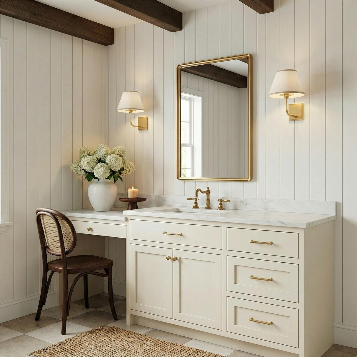 Belmont 11" Aged Brass geometric wall sconce in a Modern Farmhouse Bathroom with a marble vanity and shiplap.