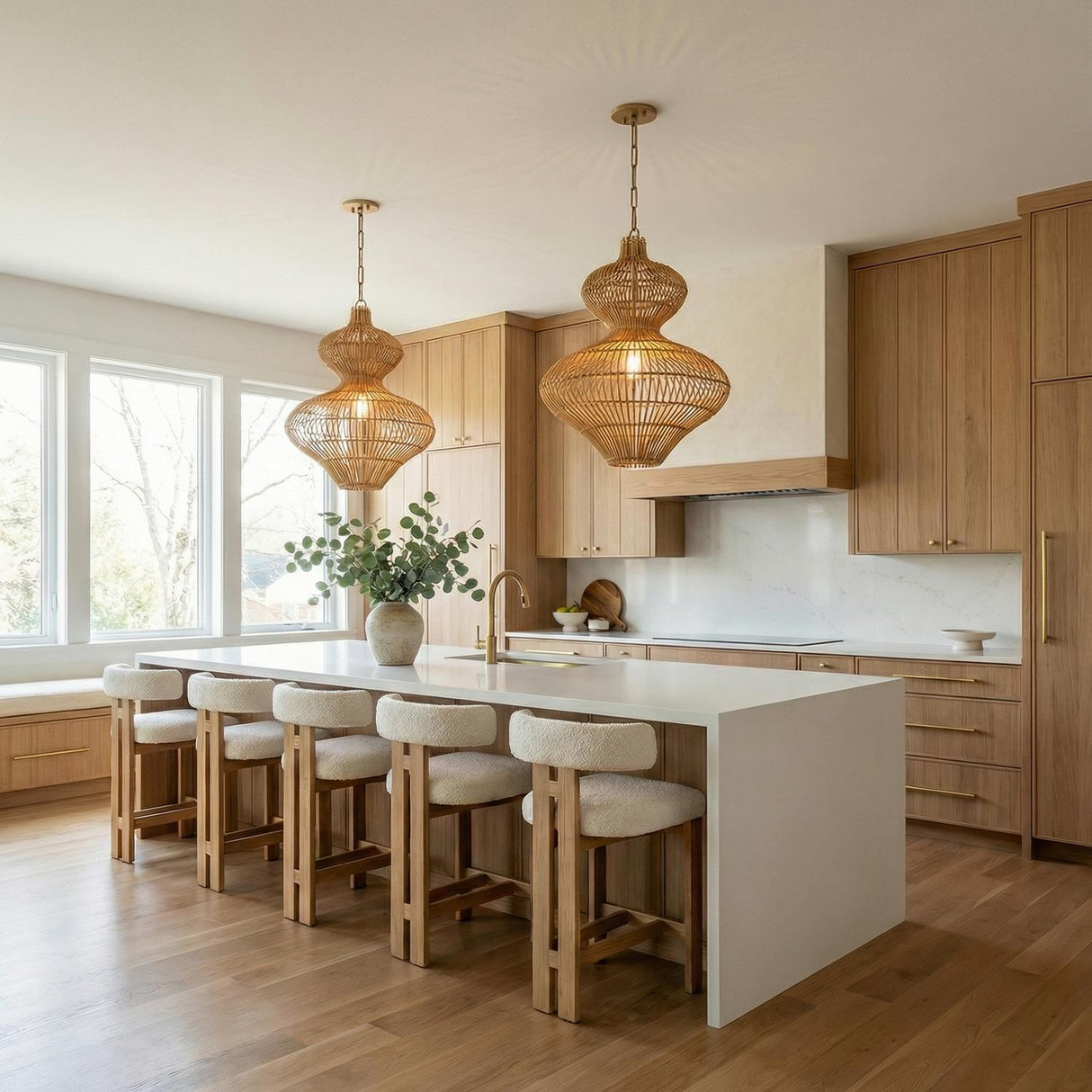 Jaffa Medium Pendant 20", Rattan and Patina Brass woven pendant in a Modern Farmhouse Kitchen with a white marble island and boucle stools.
