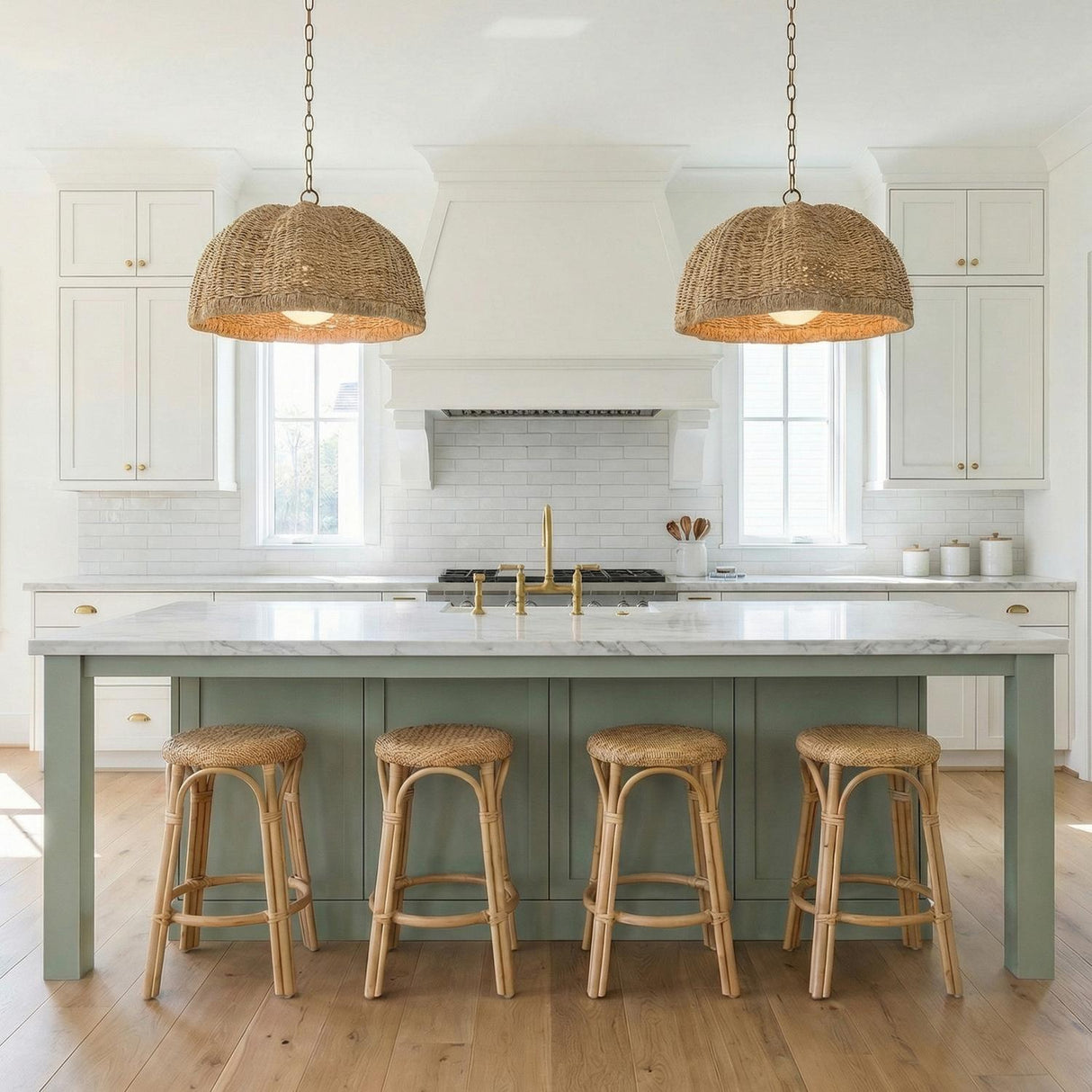 Santiago Large Pendant 24", Natural and Patina Brass woven Pendant in a Coastal Kitchen with a white marble island and sage green island.
