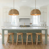 Santiago Large Pendant 24", Natural and Patina Brass woven Pendant in a Coastal Kitchen with a white marble island and sage green island.