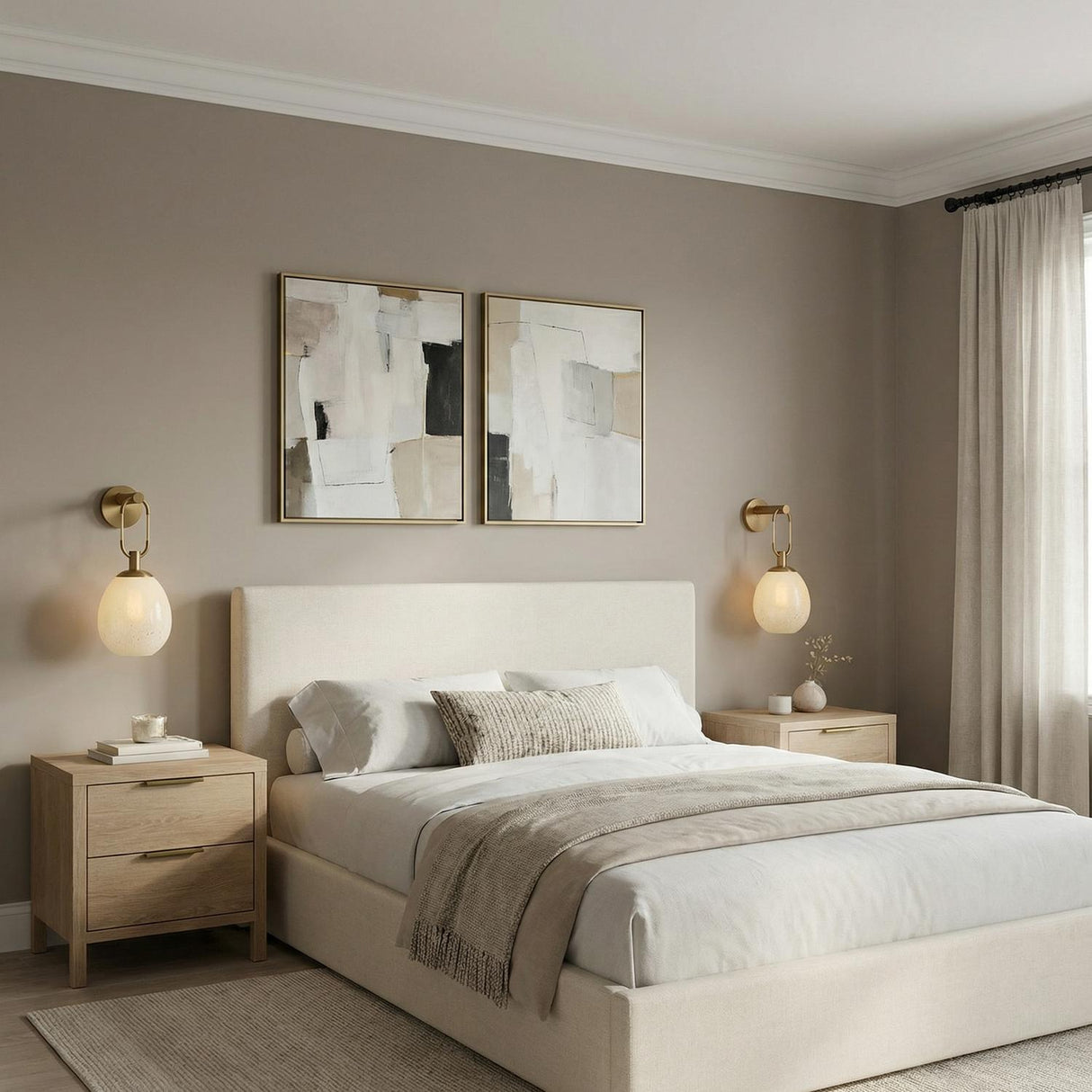 Orly Wall Sconce 17", Patina Brass and Seeded Cloud Glass globe Wall Sconce in a Transitional Bedroom with a beige upholstered bed.