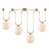 Orly 4 Light Linear Chandelier 58", Patina Brass and Seeded Cloud Glass