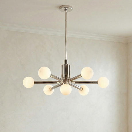 Maribel 7 Globe Chandelier 29", Polished Nickel globe Chandelier in a Modern Living Room with crown molding and neutral walls.