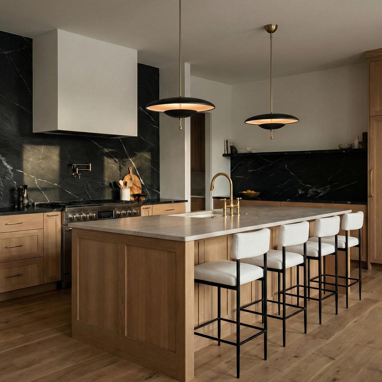 Lloyd Large LED Pendant 20", Black Leather and Satin Brass