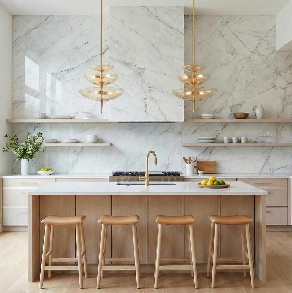 A contemporary kitchen features two Zara Large Three-Tier Pendant 21 inch fixtures in brushed brass and chamomile glass over a light wood island with marble backsplash.