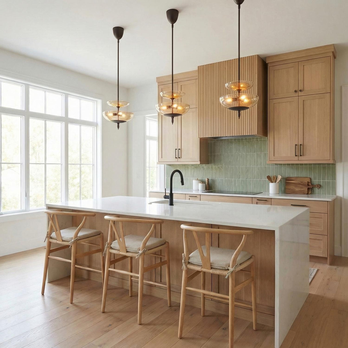 A contemporary kitchen features three Zara Medium Two-Tier Pendants in bronze and chamomile glass over a white waterfall island with sage green tile and light wood cabinetry.