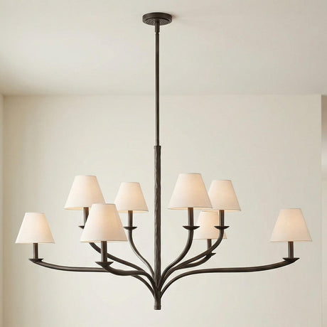 Valen 8 Light Chandelier 52", Forged Bronze linear Chandelier in a Transitional Dining Room with minimalist decor.