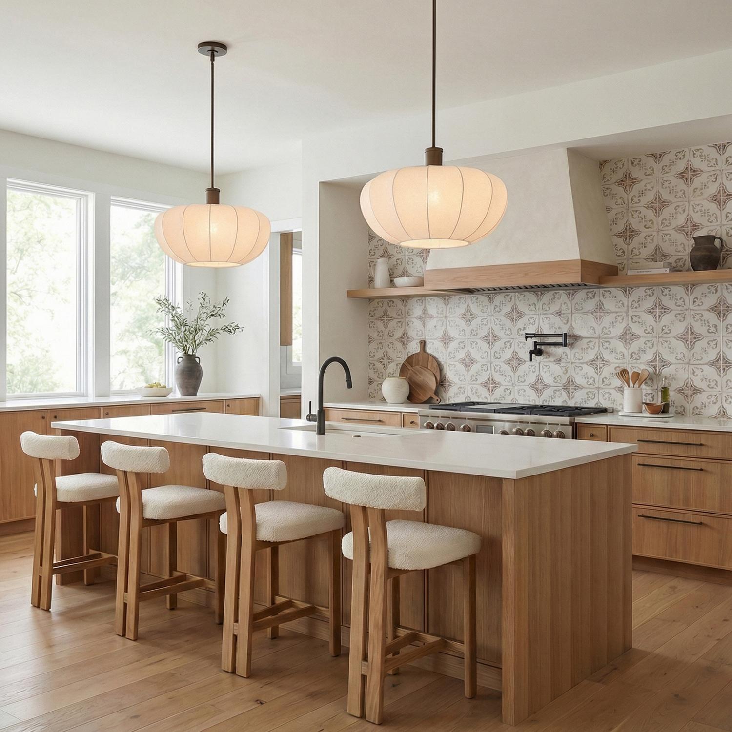 A transitional kitchen features two Uma Fabric Pendant 22