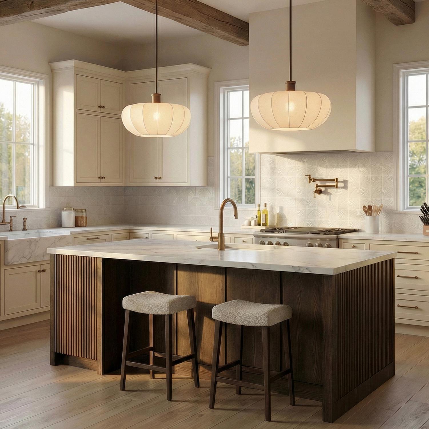 A farmhouse kitchen with two bronze and beige linen Uma Fabric Pendant 22