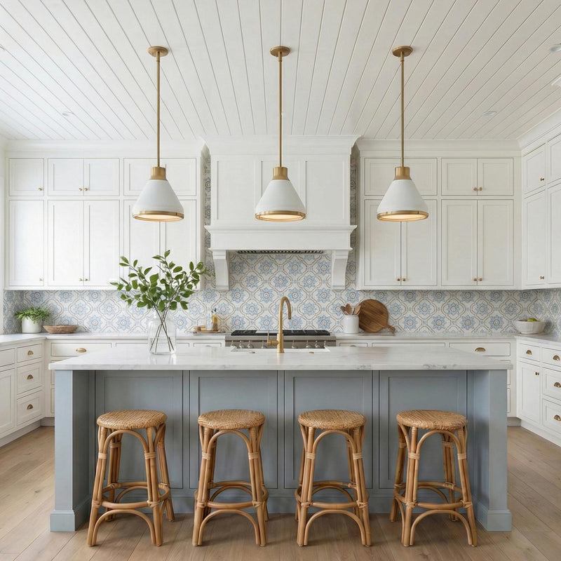 A farmhouse kitchen features three Drew Small Pendant 13", Matte White and Aged Brass fixtures over a blue island with a patterned tile backsplash and shiplap ceiling.