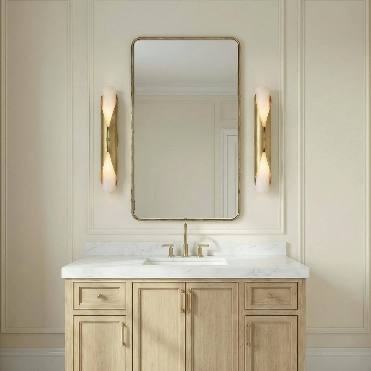 Alessio Large Wall Sconce 24", Distressed Brass and Alabaster