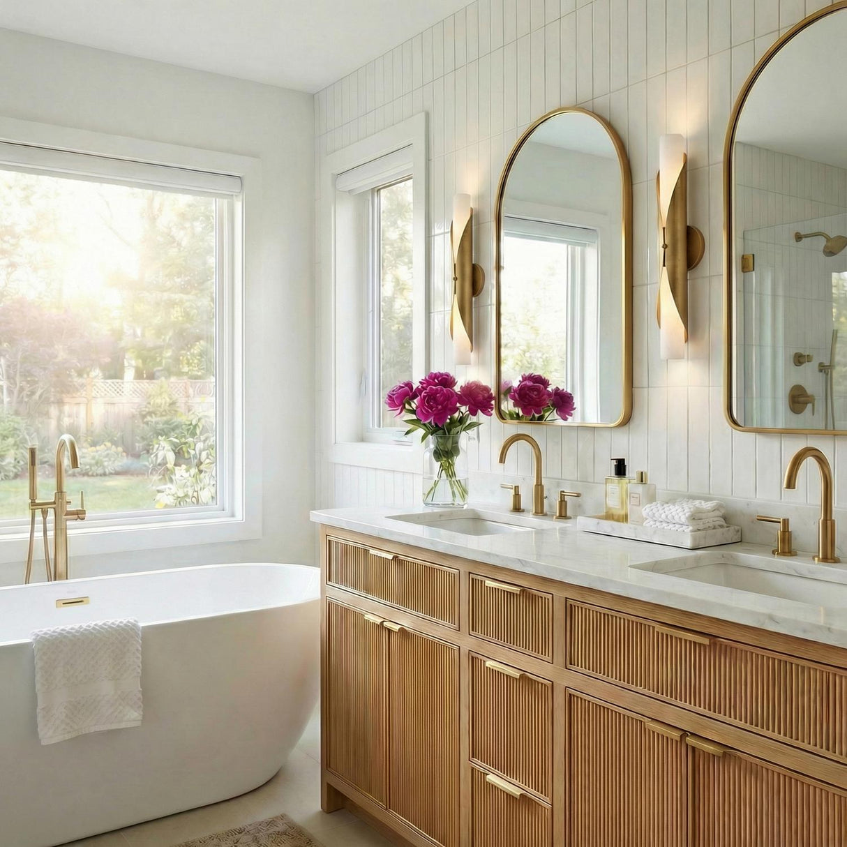 Alessio Brass leaf design Wall Sconce in a Contemporary Bathroom with a fluted wood double vanity.