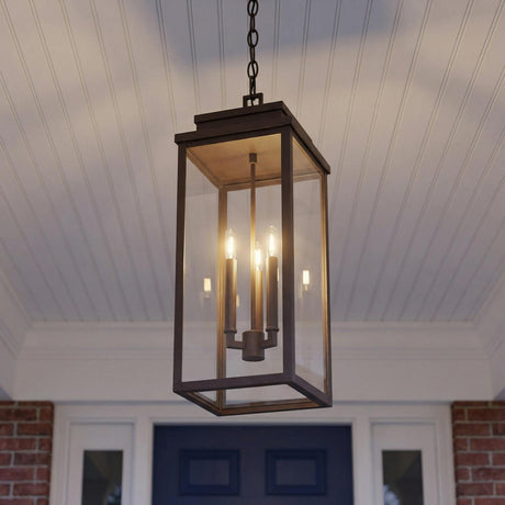 Trevor Outdoor Hanging Light, Large 23", Bronze geometric Outdoor Hanging in a Modern Farmhouse Outdoor with white beadboard ceiling.