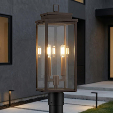 Trevor Outdoor Post Light 20", Bronze geometric Outdoor Post Light in a Modern Outdoor area with concrete walkways and grey stucco walls.