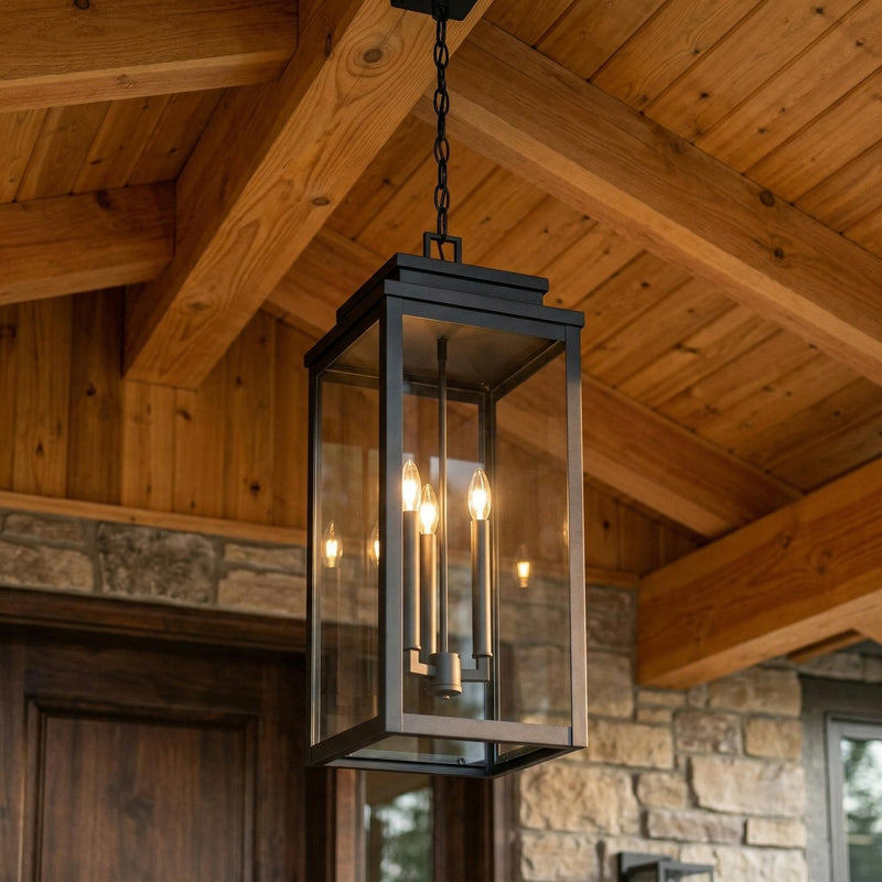 Trevor Outdoor Hanging Light, Extra Large 28", Black geometric Outdoor Hanging Light in a Craftsman Outdoor with a wood beamed ceiling.