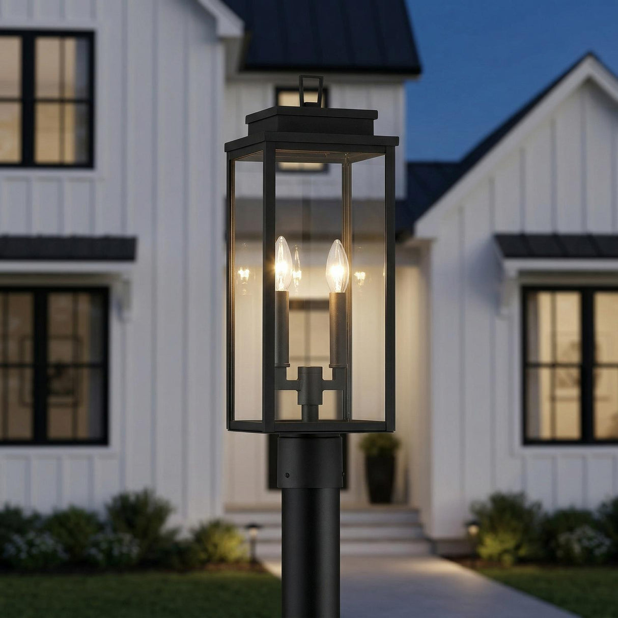 Trevor Outdoor Post Light 20", Black geometric Outdoor Post in a Modern Farmhouse Outdoor with white board and batten siding.