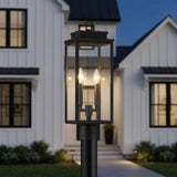 Trevor Outdoor Post Light 20", Black geometric Outdoor Post in a Modern Farmhouse Outdoor with white board and batten siding.