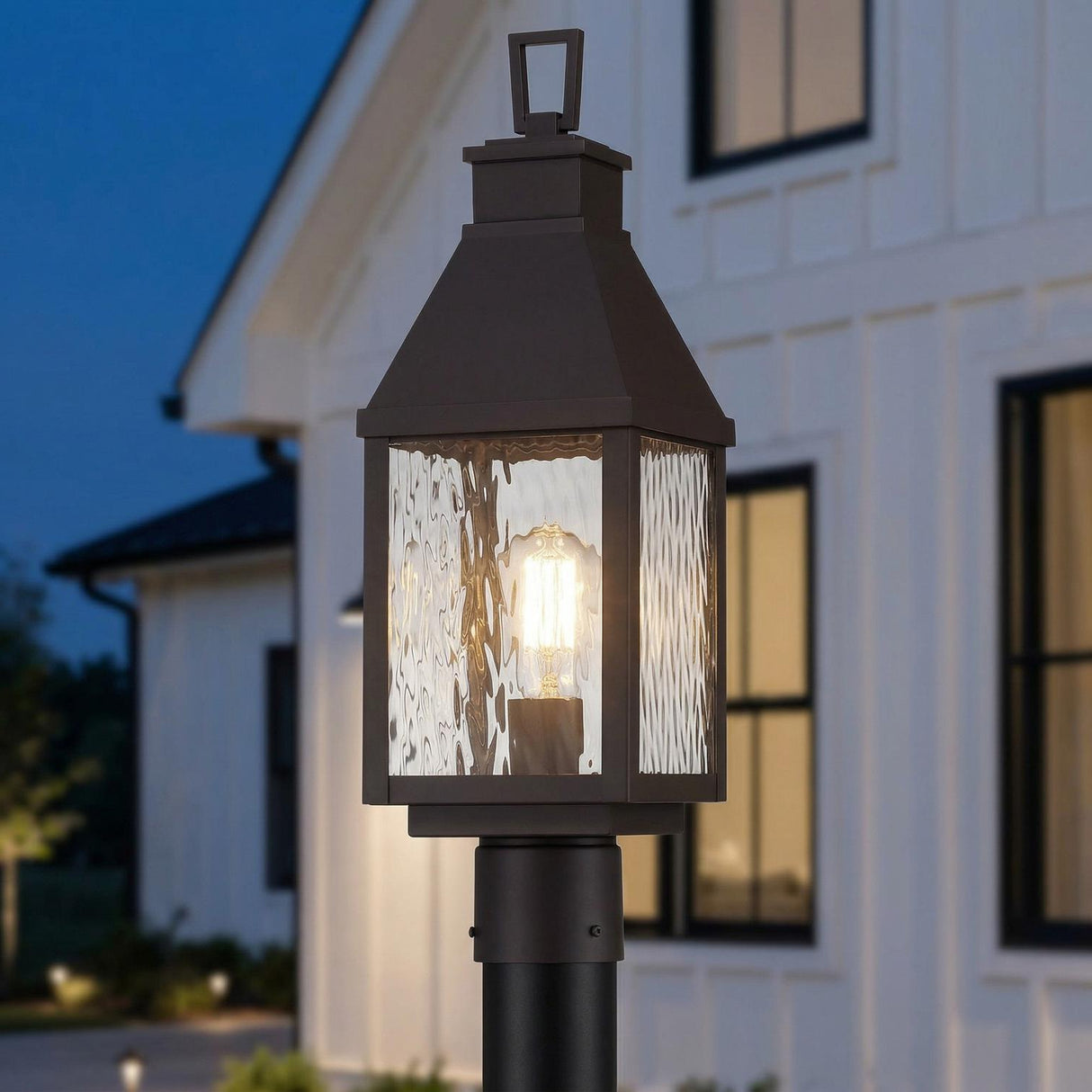 Westin Outdoor Post Light 20", Bronze and Water Glass geometric Outdoor Post in a Modern Farmhouse Outdoor with white board and batten.