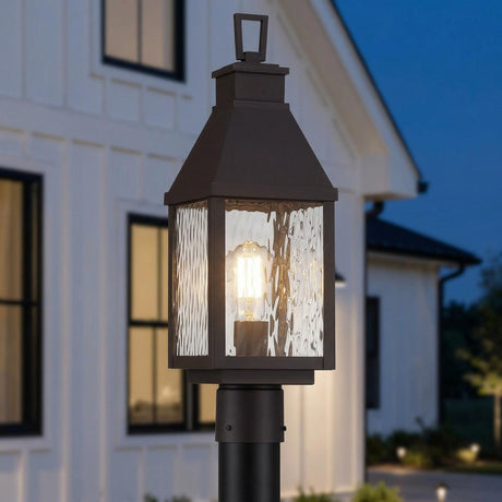 Westin Outdoor Post Light 20", Bronze and Water Glass geometric Outdoor Post in a Modern Farmhouse Outdoor with white board and batten.