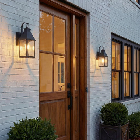 Westin Outdoor Wall Light, Small 14", Black and Water Glass geometric Outdoor Wall in a Modern Farmhouse Outdoor with a wood door.