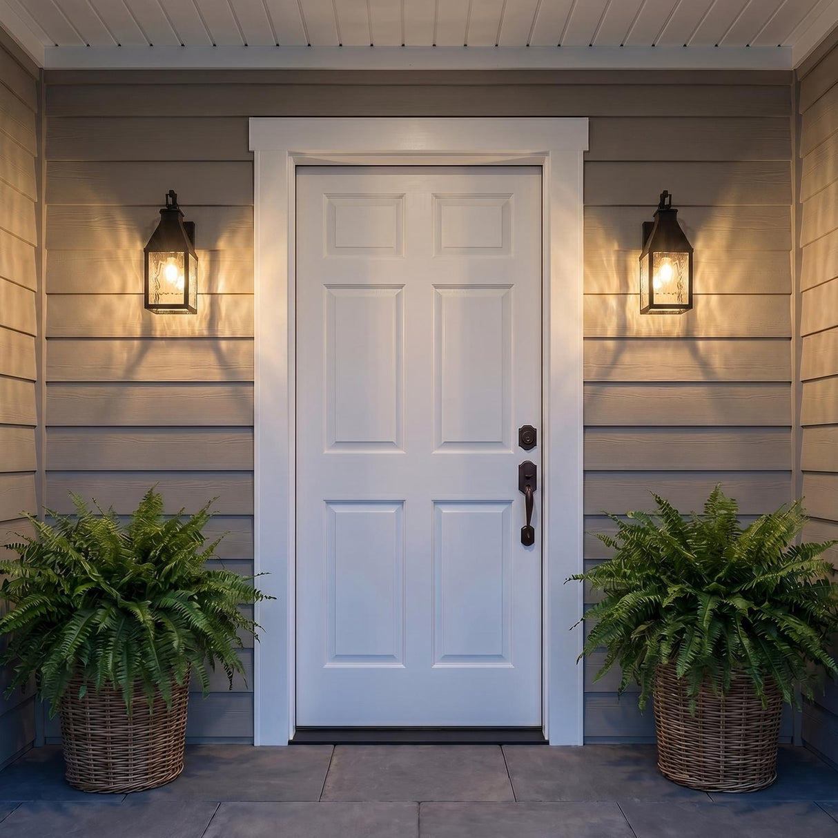 A modern farmhouse entryway with two matte black wall lanterns flanking a white front door on beige siding at twilight, framed by potted ferns in wicker baskets.
