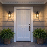 A modern farmhouse entryway with two matte black wall lanterns flanking a white front door on beige siding at twilight, framed by potted ferns in wicker baskets.