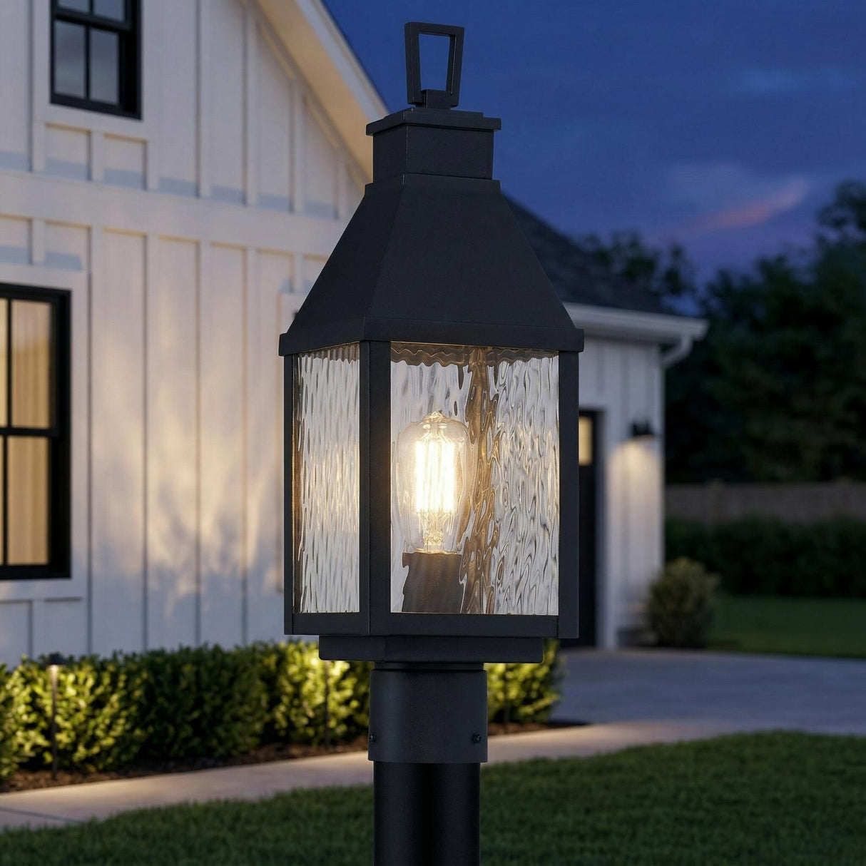 Westin Outdoor Post Light 20", Black geometric water glass Outdoor Post in a Modern Farmhouse Outdoor with white board and batten siding.