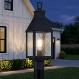 Westin Outdoor Post Light 20", Black geometric water glass Outdoor Post in a Modern Farmhouse Outdoor with white board and batten siding.