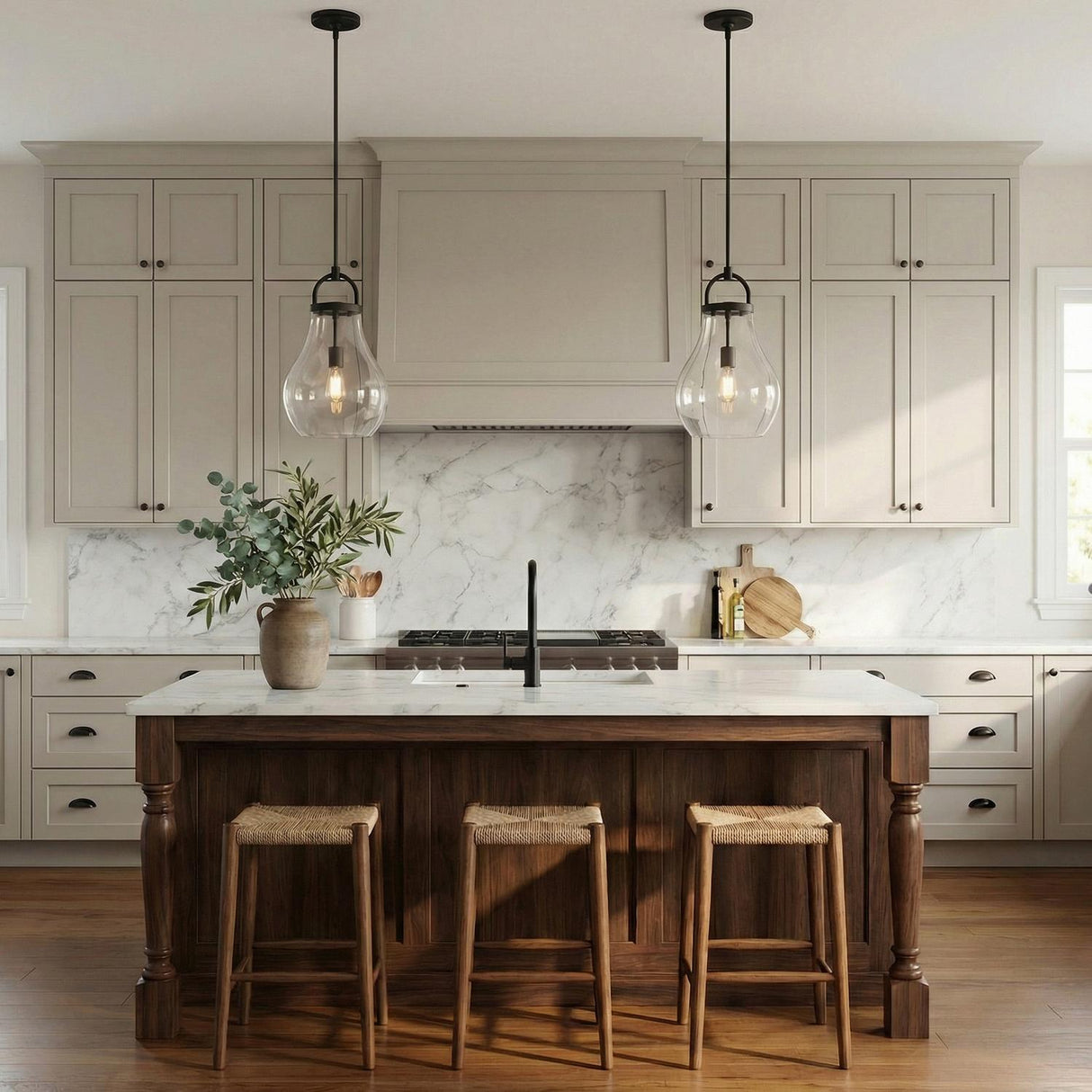A transitional kitchen featuring two Naya Medium Pendant 12", Matte Black and Clear Glass fixtures over a marble-topped walnut island with beige cabinets and marble backsplash.