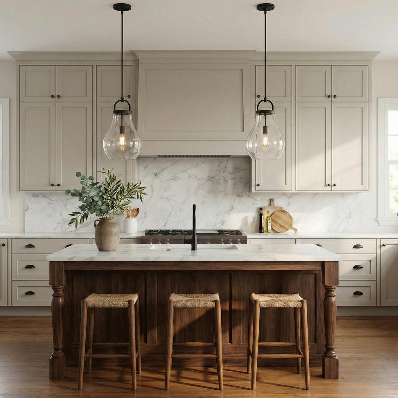 A transitional kitchen featuring two Naya Medium Pendant 12", Matte Black and Clear Glass fixtures over a marble-topped walnut island with beige cabinets and marble backsplash.