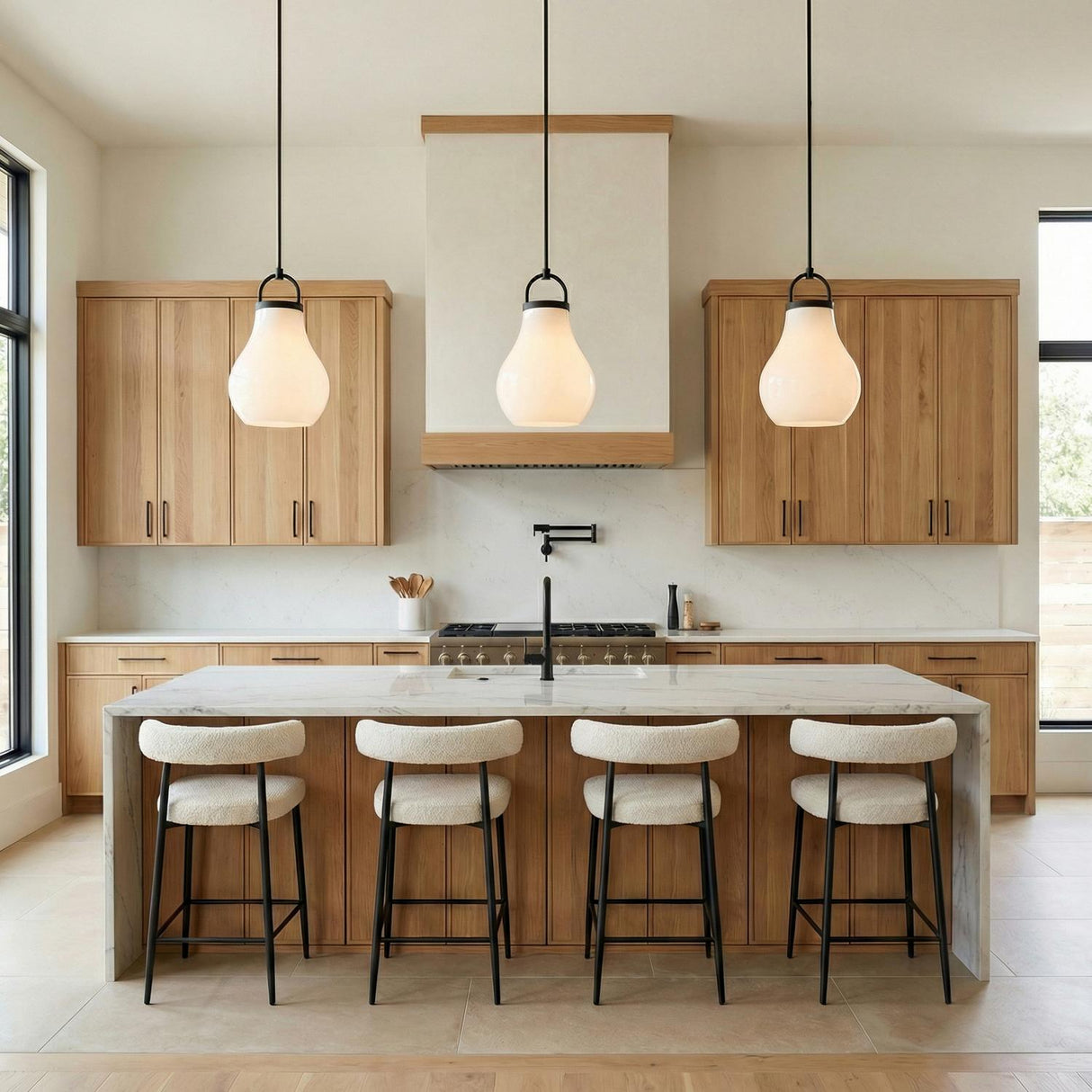 A modern kitchen featuring three Naya Medium Pendant 12", Matte Black and Opal Glass fixtures suspended over a white marble waterfall island and light oak cabinetry.