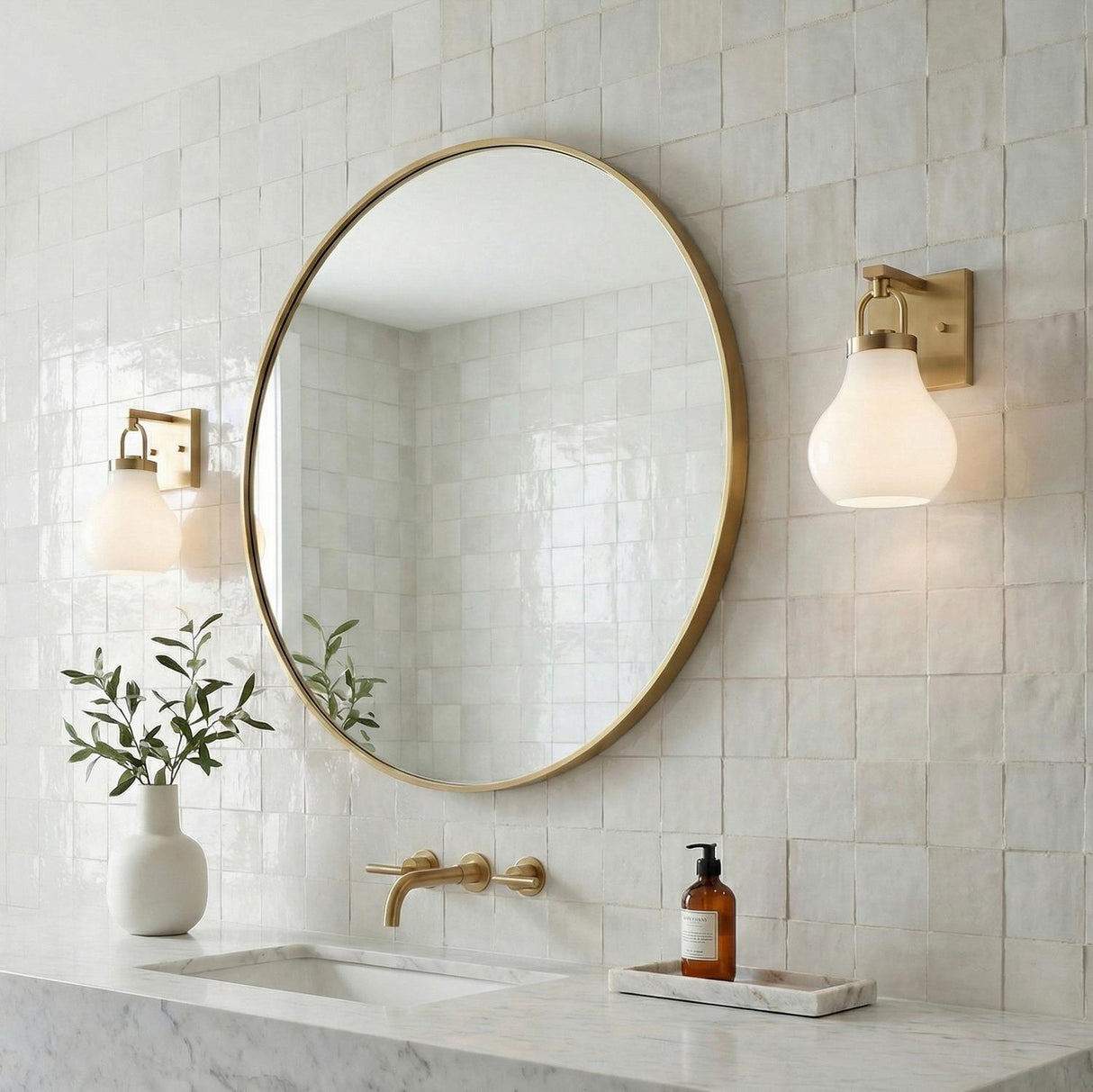 Naya Vanity Wall Sconce, Satin Brass and Opal Glass