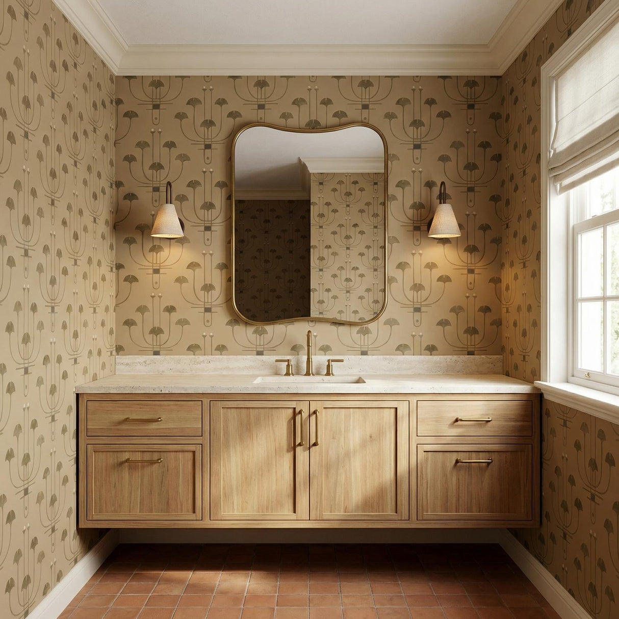 Aldara Wall Sconce 12", Bronze with Woven Shade woven Wall Sconce in a Transitional Bathroom with a wood vanity and patterned wallpaper.