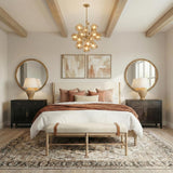 Bianca Large Chandelier 32", Patina Brass and Topaz Glass globe chandelier in a Transitional Bedroom with wood beams and a beige headboard.