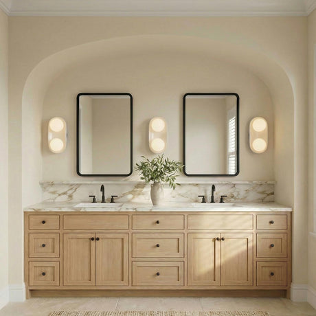 Hanley Double Wall Sconce 16", Ivory Crackle Ceramic geometric Wall Sconce in a Contemporary Bathroom with a double vanity.