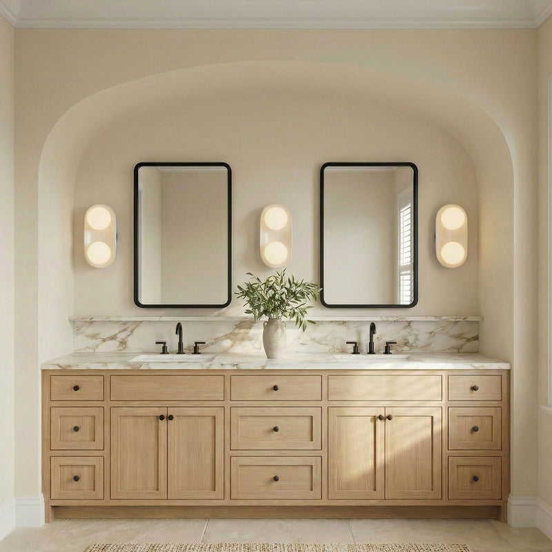 Hanley Double Wall Sconce 16", Ivory Crackle Ceramic geometric Wall Sconce in a Contemporary Bathroom with a double vanity.
