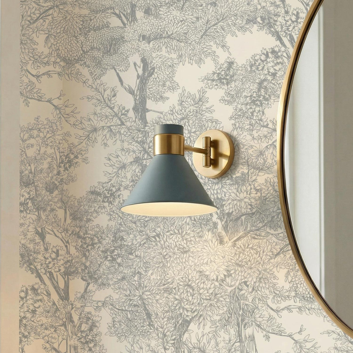 Cosette Adjustable Wall Sconce 8", Fog Blue and Antique Brass geometric wall sconce in a Contemporary Entryway with a gold round mirror.