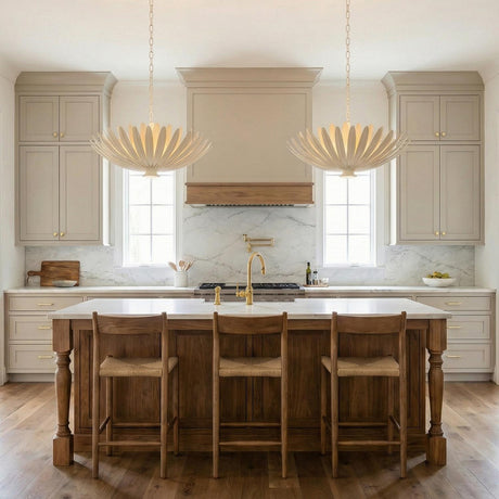 Yasmin Large Pendant 24", Cream leaf design Pendant in a Transitional Kitchen with a white marble island and wood stools.