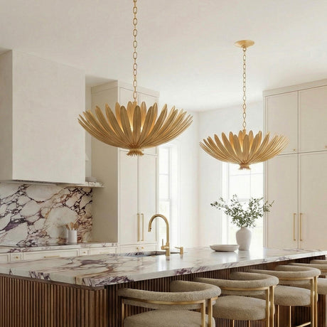 Yasmin Large Pendant 24", Gold Leaf leaf design Pendant in a Contemporary Kitchen with a marble island and wood slatted base.