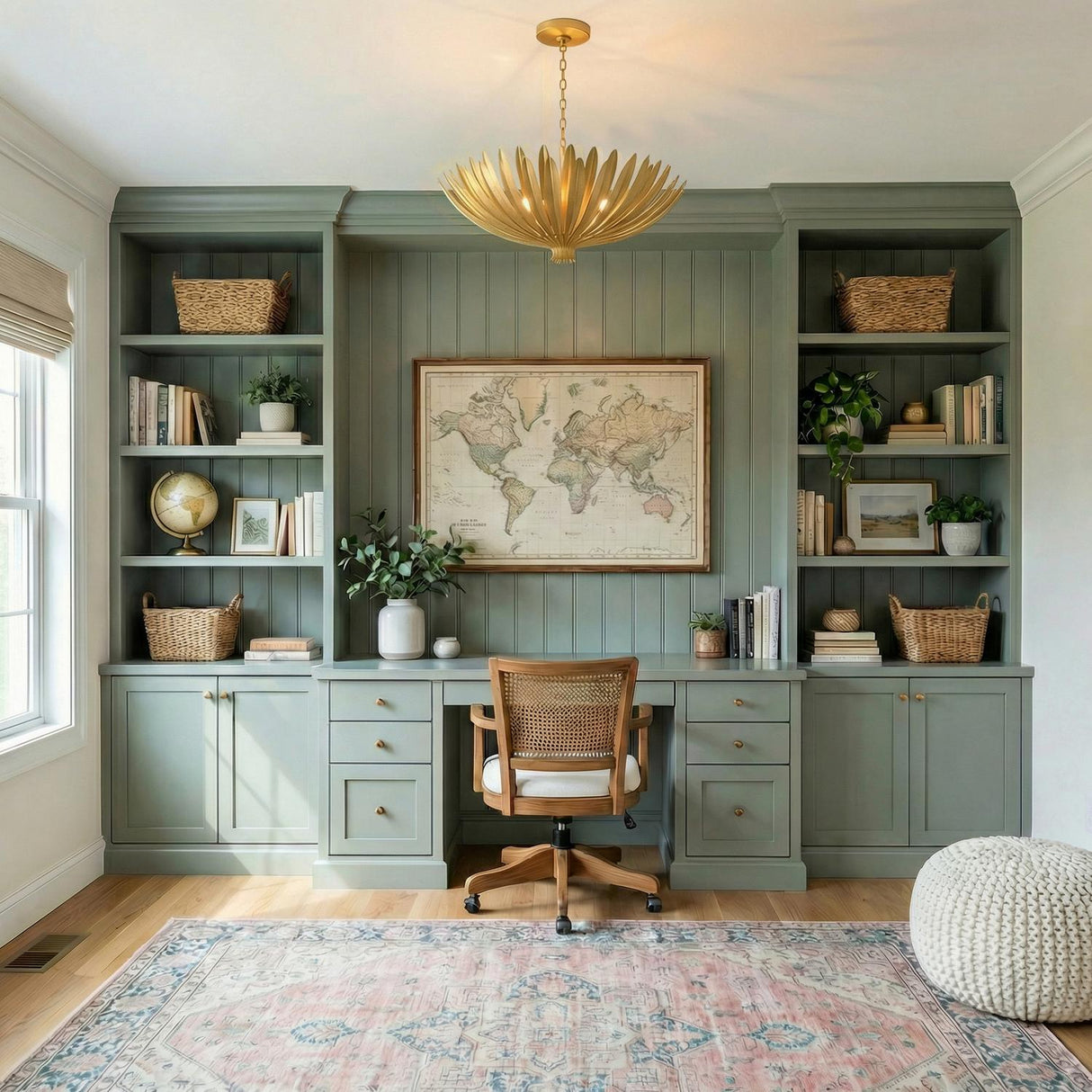 Yasmin Extra Large Pendant 35", Gold Leaf leaf design Chandelier in a Transitional Office with sage green built-ins and a cane chair.