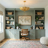 Yasmin Extra Large Pendant 35", Gold Leaf leaf design Chandelier in a Transitional Office with sage green built-ins and a cane chair.