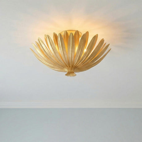 Yasmin Semi-Flush 18", Gold Leaf leaf design flush mount in a Contemporary Bedroom with a soft blue wall.