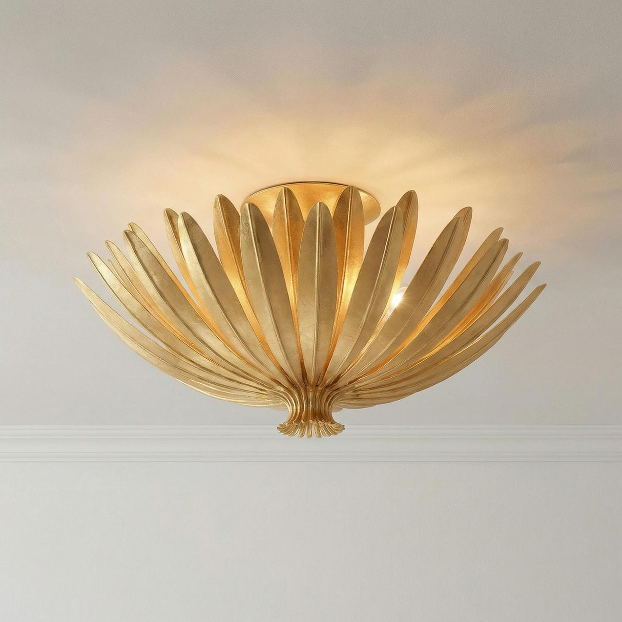 Yasmin Semi-Flush 18", Gold Leaf leaf design flush mount in a Transitional Entryway with white crown molding.