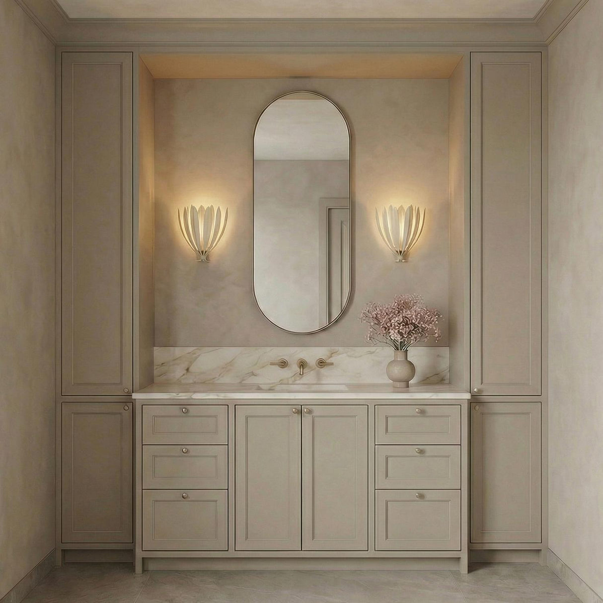 Yasmin Wall Sconce 13", Cream leaf design Wall Sconce in a Transitional Bathroom with a marble vanity and oval mirror.