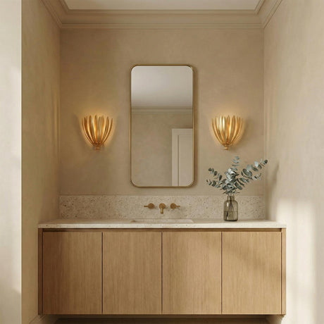 Yasmin Wall Sconce 13", Gold Leaf leaf design Wall Sconce in a Contemporary Bathroom with a floating wood vanity and terrazzo counter.