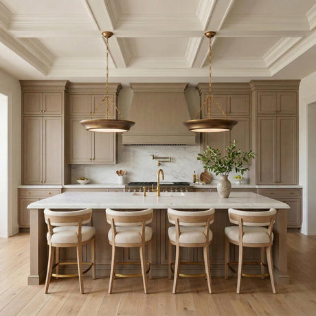 Dalina Large Pendant 24", Vintage Gilded Brass geometric bowl pendant in a Transitional Kitchen with a white marble island.
